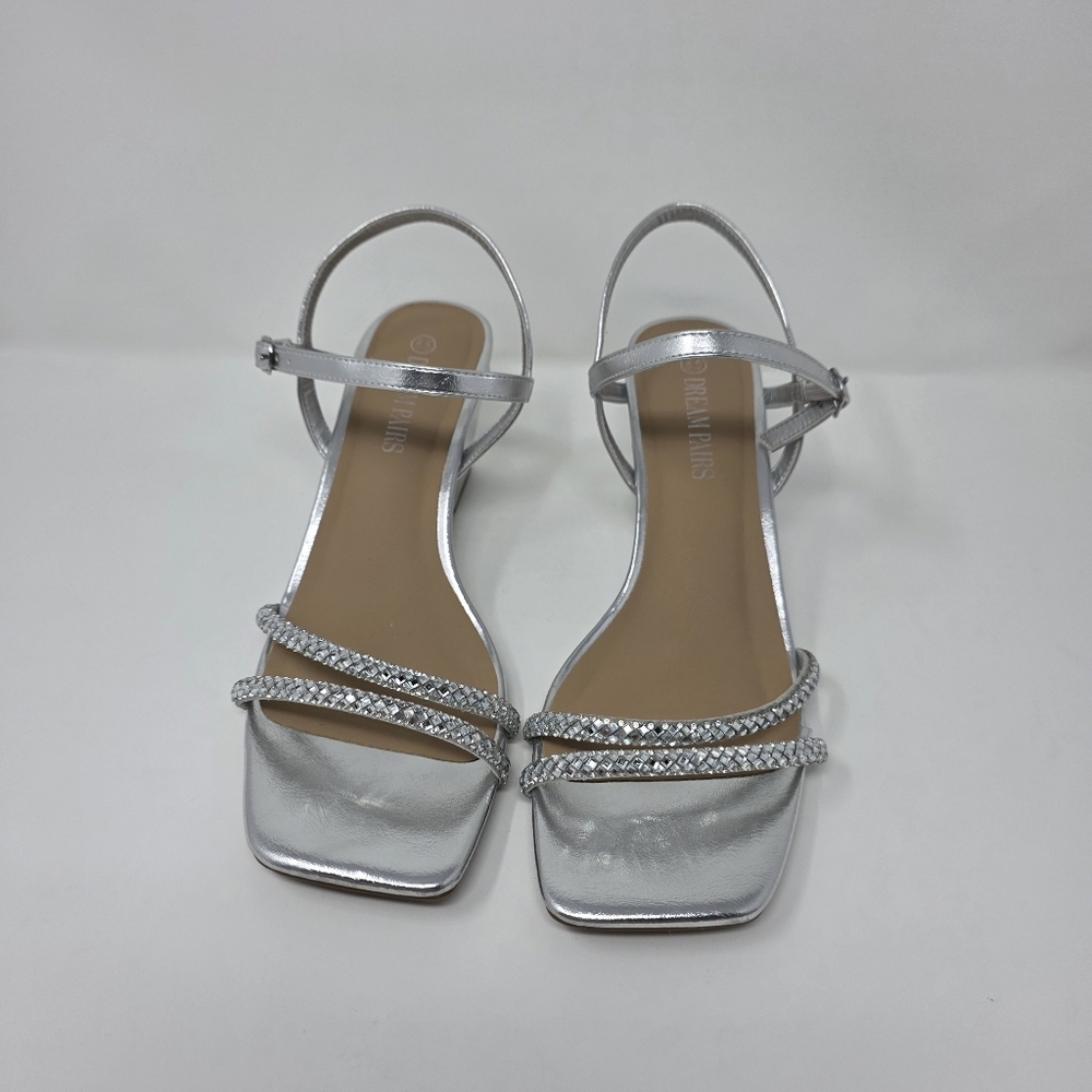 Womens Size 8.5 Silver Rhinestone Square Open Toe Strappy Wedge Sandals Elegant
